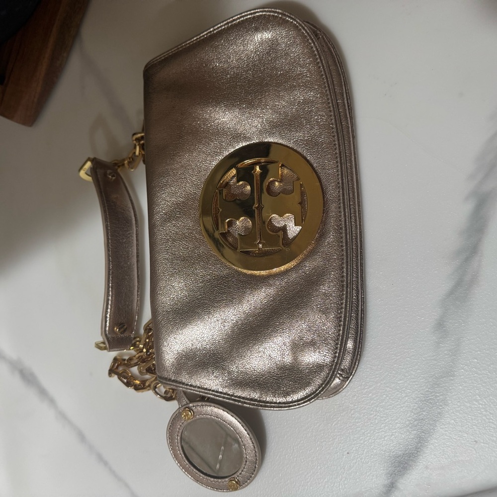 Tory Burch Gold and Silver shoulder or clutch with Luxurious Satin Finish